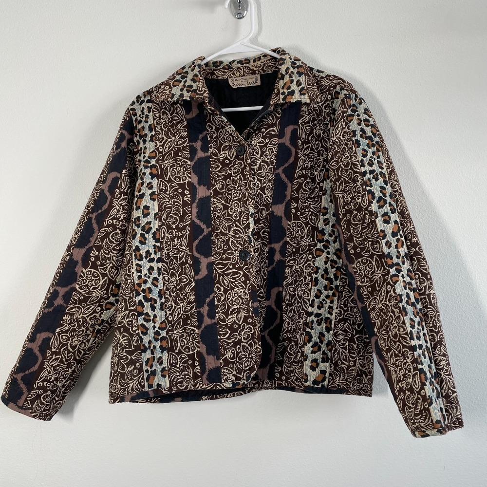 Vintage Quilted Jacket Women L Cheetah Patchwork Boho Coat Casual New Directions